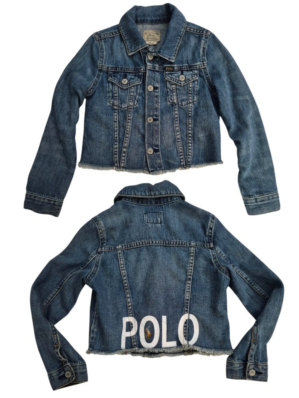 Polo Ralph Lauren Cropped Blue Denim Jacket with POLO Flesh Pony Youth Kids Sz 6